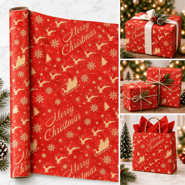 OANLKGI Christmas Kraft Wrapping Paper 17.72 IN Red Holiday Icons Gift ...