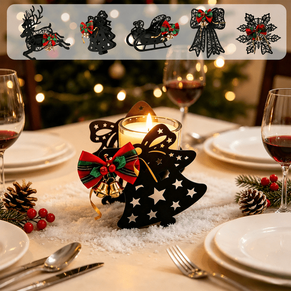 OANLKGI Christmas Tree Candle Holder 3.35 x 3.94 IN Metal Tealight Stand with Bow for Table Mantel Shelf Window Seasonal Home Decoration Black
