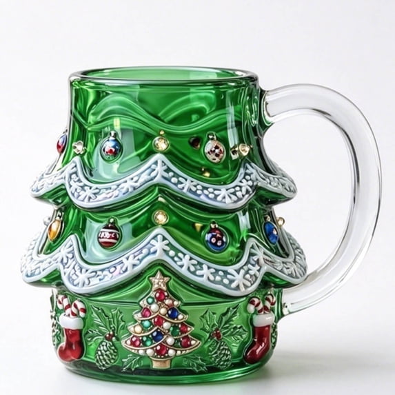 OANLKGI Christmas Tree Glass Mug Holiday Shaped Coffee Mug 4.8 IN High with Handle for Hot Cocoa Tea Water Home Office Kitchen Table Decor, Green