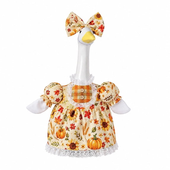 OANLKGI Thanksgiving Fall Goose Dress 23 Inch Harvest Printed Outfit With Matching Bow Decor Replacement Clothing For Porch Goose Figurine Front Porch Farmhouse Seasonal Decor