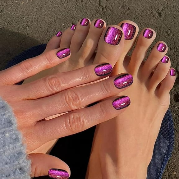 OAO Chameleon Purple Galaxy Cat Eye Press on Nails Toenails Set, 30Pcs Short Oval Glitter Holographic Magnetic Gel Fake False Nails, 24Pcs Glossy Natural Fit Full Cover Stick on Toenails for Women