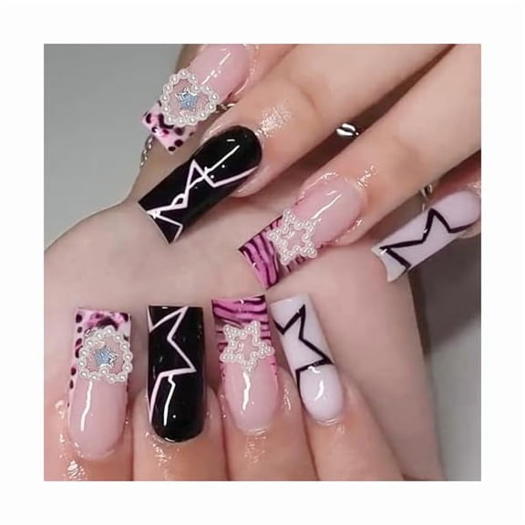 OAO Y2k Nails, 24 Pcs Black Pink Y2k Press on Nails Long Star Nails with Pearls & Charms, Long Press on Nails Y2k Nails Press on Trendy for Women