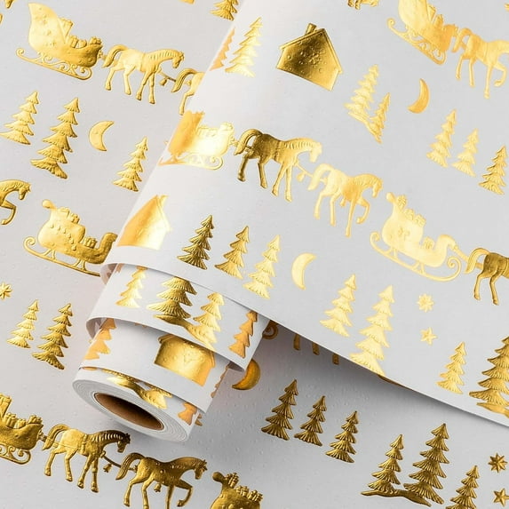 OAS Christmas Wrapping Paper Roll - 46.8 sq.ft. 3D Embossed Sleigh, Carriage, Tree, Moon, House With Gold Foil for New Year Celebration - 17in x 33ft