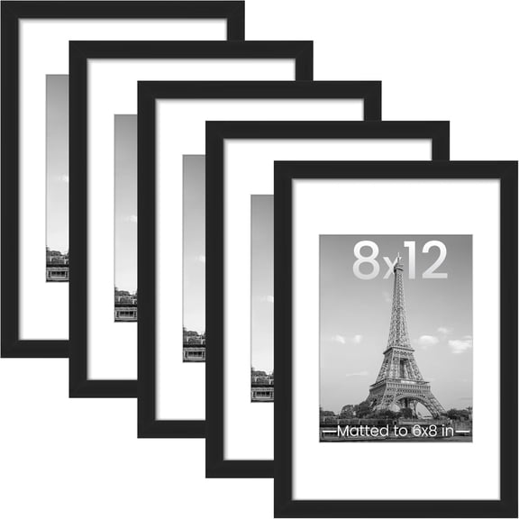 OASIS 8x12 Picture Frame Set of 5, Display Pictures 6x8 with Mat or 8 x 12 Without, Wall Gallery Photo Frames, Black