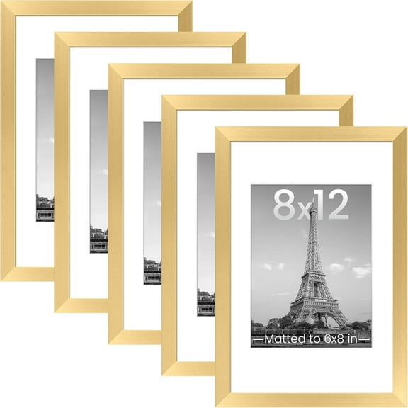 8x12 Picture Frame Set of 5, Display Pictures 6x8 with Mat or 8 x 12 Without, Wall Gallery Photo Frames, Gold