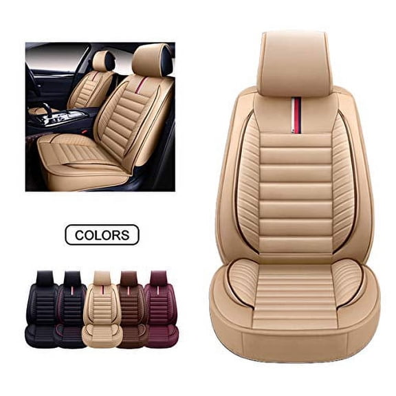 OASIS AUTO Car Seat Covers Accessories 2 Piece Front Premium Nappa Leather Cushion Protector Universal Fit for Most Cars SUV Pick-up Truck, Automotive Vehicle Auto Interior Dcor (OS-001 Tan)