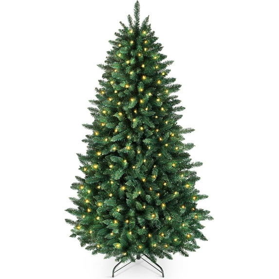 OASISCRAFT 6.5FT Pre-Lit Artificial Christmas Tree with 1400 Branch Tips 350 Light Metal Hinges Foldable Base for Home Office Party Decoration