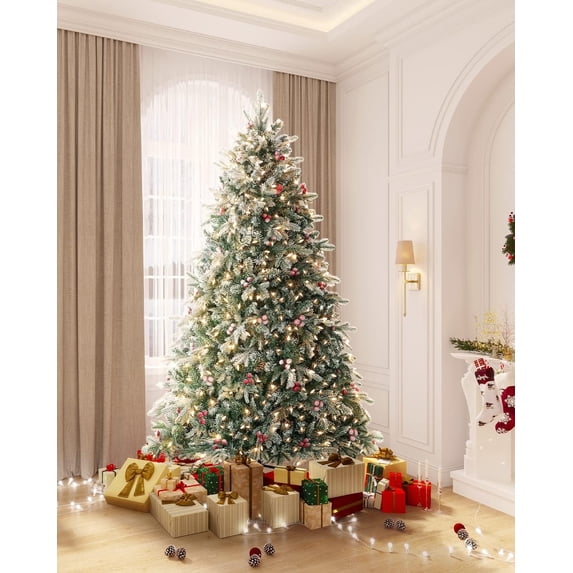 OASISCRAFT 6ft Pre-Lit Snow Flocked Christmas Tree with 450 Clear Lights, Red Berries, Ideal for Home Party Decor Metal Stand