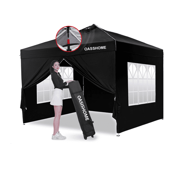 OASISHOME 10'x10' Black One-Push Pop-Up Gazebo Canopy Tent with 4 Sidewalls, Wheeled Bag - Waterproof, UV Protected, Heavy-Duty Steel Frame for Outdoor Events