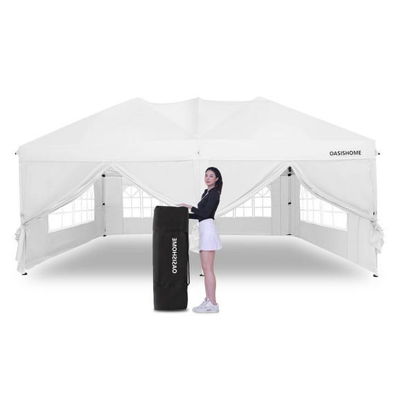 OASISHOME 10'x20' White Pop-Up Canopy Gazebo Tent, with 6 Removable Sidewalls, Windows, Carrying Bag - for Patio/Outdoor/Wedding Events