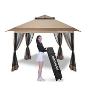 OASISHOME 12x12 Pop-up Canopy Tent Outdoor Gazebo , One-Push Locking, with Mesh Sidewall, Wheeled Bag, for Garden/Patio/Backyard/Outdoor(Khaki)