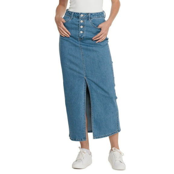 OAT NEW YORK Women's Five Pocket Style Front Slit Denim Maxi Skirt (Blue, 27)