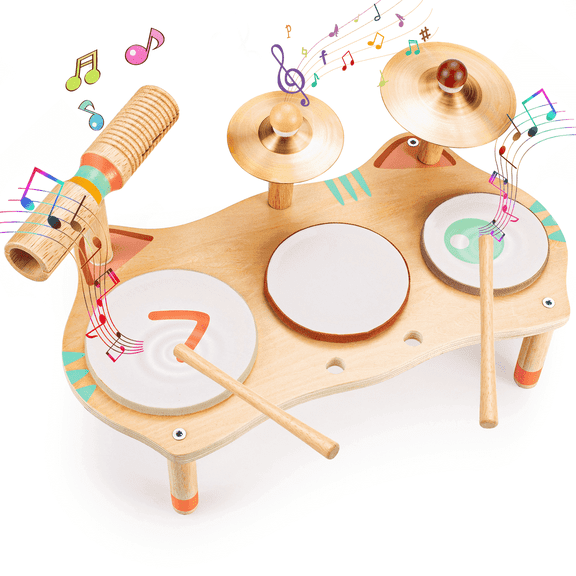 OATHX Toddler Drum Set Montessori Musical Instruments Wooden Music Toys for Kids Sensory Preschool Learn Drum Kit Birthday Gifts