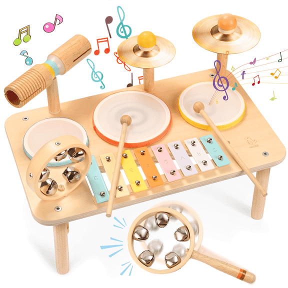 OATHX Kids Drum Set, Montessori Musical Instruments for Toddlers, Wooden Musical Toys for Baby, Preschool Educational Xylophone Drum Kit