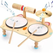 OATHX Toddler Educational Music Toys Kids Drum Set Wood Montessori Learn Baby Musical Instruments Birthday Gift