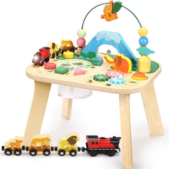 OATHX Baby Busy Board Wooden Activity Table Toddler Toy Bead Train Track Kids Sensory Montessori Toys for 1-5 Year