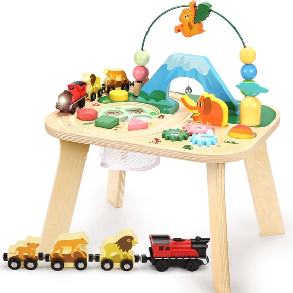 OATHX Toy Bead Maze Train Track Toddler Activity Table Kids Wooden Montessori Learn Sensory Toys for 1-5 Year