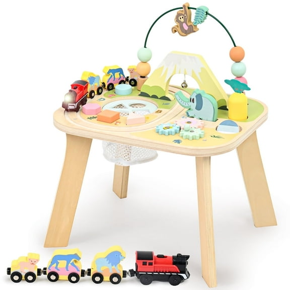 OATHX Toy Bead Maze Train Track Toddler Activity Table Wood Montessori Baby Sensory Learn Toy Child 1-5 Year