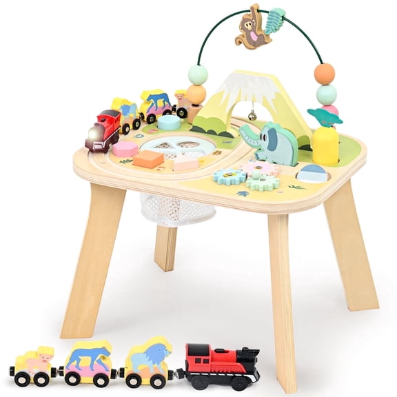 OATHX Toy Bead Maze Train Track Toddler Activity Table Wood Montessori Baby Sensory Learn Toy Child 1-5 Year
