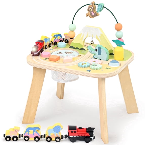 OATHX Toy Bead Maze Train Track Toddler Activity Table Wood Montessori Baby Sensory Learn Toy Child 1-5 Year