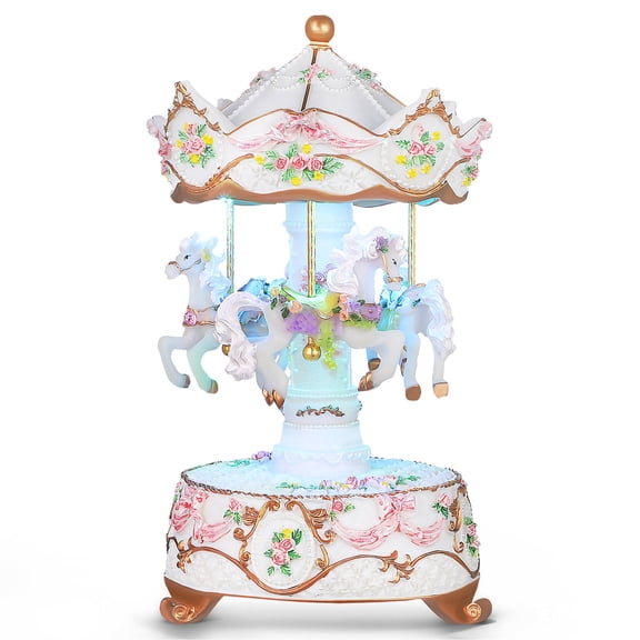 OATIPHO Rotating Carousel Music Box in White Resin with Gentle Melody for Home Use