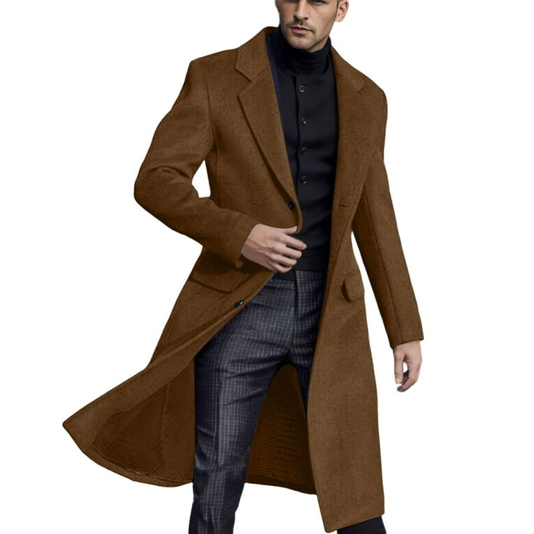 OAUP Mens Jackets Long Windbreaker Wool Coat Solid Color Slim Body Fall Winter Coat Simple Casual Trendy Cozy Coats Walmart