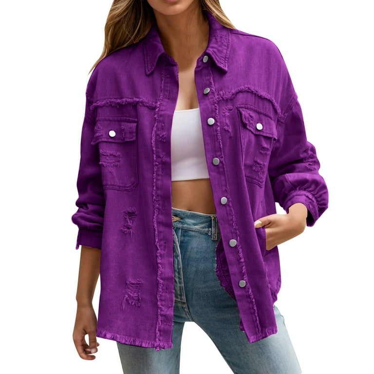 OAUP Womens Jean Jackets Loose Ripped Oversized Denim Long Boyfriend Distressed Denim Jacket Fall Winter Y2K Retro Leisure Comfy Coats Walmart