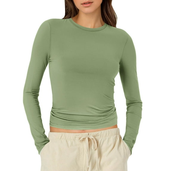 OAUP Womens Long Sleeve Round Neck Slim Tops Fitted Crop Tee Basic Under Layer Tshirt Cozy Workout Yoga Undershirt Green