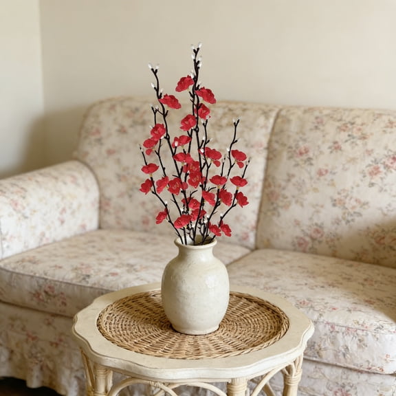 OAVQHLG3B 21.65 Inch Artificial Red Plum Blossom, Mini Wintersweet Faux Flower for Chinese Style Home Décor Arrangement