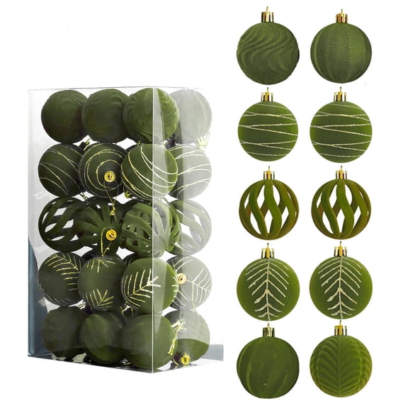 OAVQHLG3B 30 Pcs 2.4 Inches Velvet Christmas Ball Ornaments, Shatterproof Green Flocked Bulbs Decorations Set, Retro Decorative Hanging Plastic Ornaments for Xmas Tree Holiday Party Decor