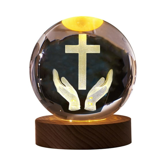 OAVQHLG3B 3D Engraved Crystal Jesus Holy Family Statue Figurine, 3D Crystal Ball Holy Family Statue Catholic with Wooden Base, Crystal Praying Hands with Jesus Christian Religious Easter Gifts