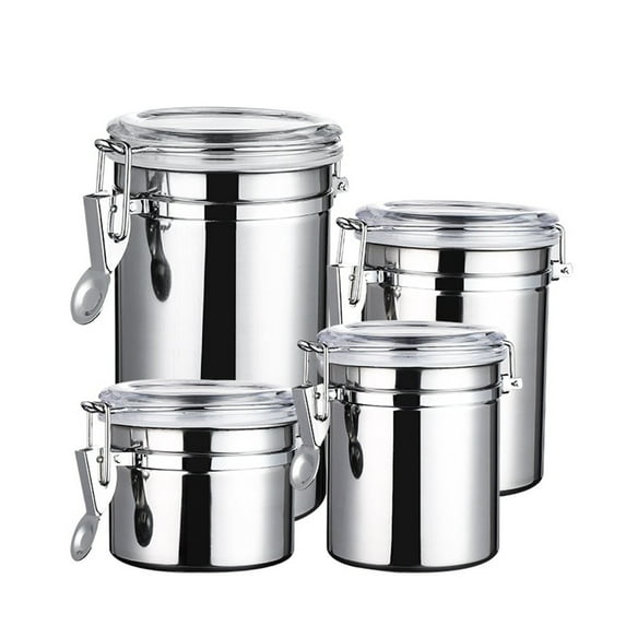 OAVQHLG3B 4Pcs Stainless Steel Airtight Canister for Kitchen, Large Flour Coffee Bean Tea Cereal Sugar Cookie Metal Food Storage Canisters with Clear Lid and Sturdy Locking Clamp
