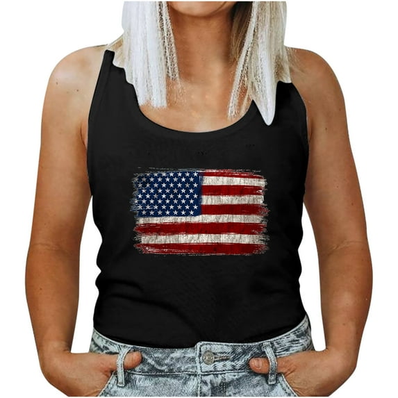 OAVQHLG3B 4th of July Clothes for Women American Flag Patriotic T-Shirts Women's Round Neck Independence Day Printing Sleeveless Casual Loose Vest Tops