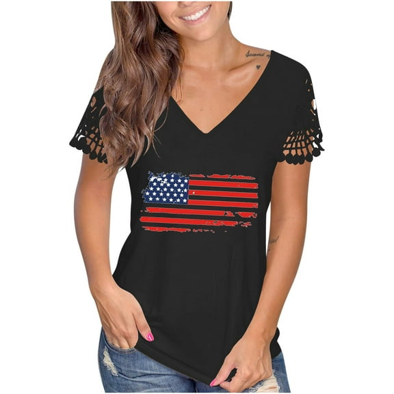 OAVQHLG3B 4th of July Clothes for Women American Flag Patriotic T-Shirts Women's Summer V-neck Independence Day Printed Tops T-Shirts Casual Lace Short Sleeve Blouse