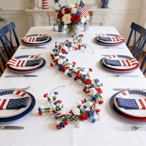 OAVQHLG3B Independence Day Themed Red White Blue And Green Floral Holiday Decorations Patterned Fireplace Cabinet And Window Ornaments
