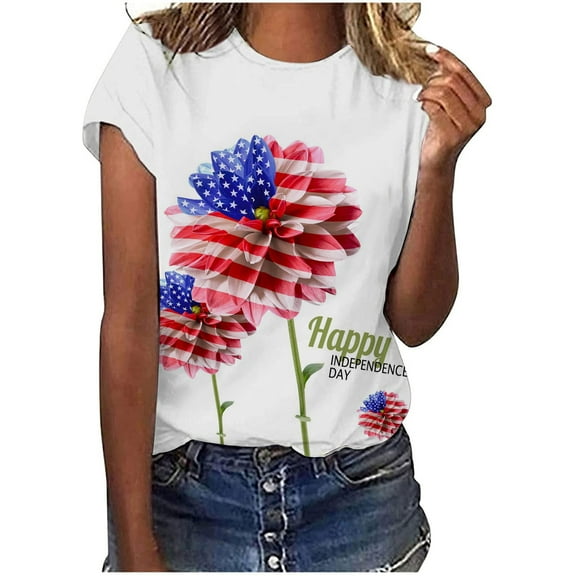 OAVQHLG3B 4th of July Outfits for Women American Flag T Shirt Summer Tops for Women Tops Printe Casual Loose Fit Tee Shirts Blouse Print Round-neck Shirt