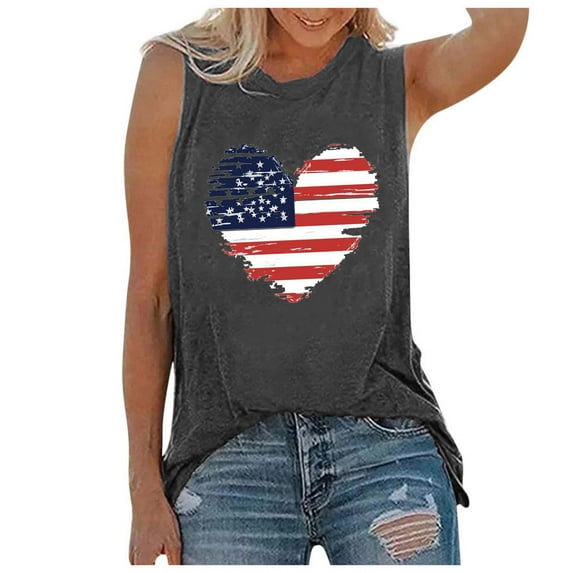 OAVQHLG3B 4th of July Outfits for Women American Flag T Shirt Summer Tops for Women Sleeveless Tank Tops O-Neck Printing Sleeveless Casual Loose Vest Tops