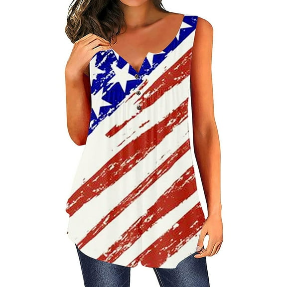 OAVQHLG3B 4th of July Outfits for Women American Flag T Shirt Summer Tops for Women Sleeveless Love Heart O-Neck Patriotic Shirts Printing Relaxed Tops