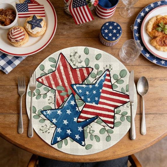 OAVQHLG3B 4th of July Patriotic Round Placemats Set,America Flag Stars Element Patterned Placemats, Memorial Day Independence Day Table Mats for Party Kitchen Dining Decorations