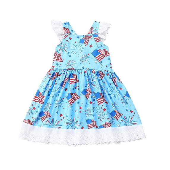 OAVQHLG3B 4th of July Baby Girl Outfits Summer Sleeveless American Flag Print Dress Princess Dress