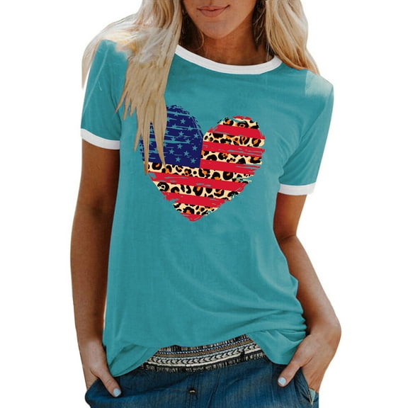 OAVQHLG3B 4th of July Clothes for Women American Flag Patriotic T-Shirts Casual Women Printed O-Neck T-Shirt Short Sleeve Casual Tee Tops Blouse
