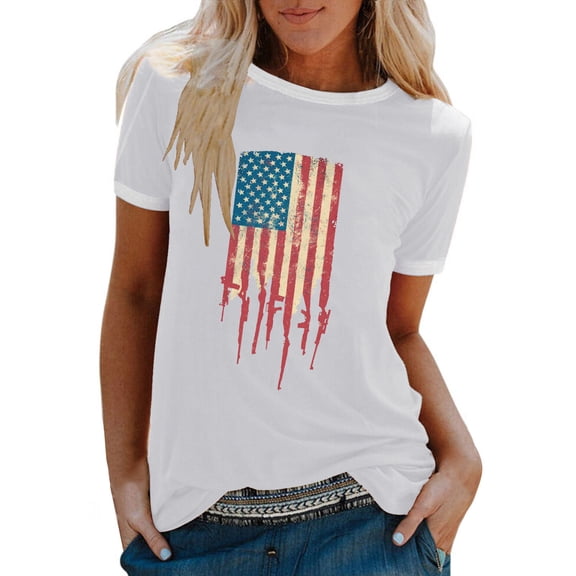 OAVQHLG3B 4th of July Clothes for Women American Flag Patriotic T-Shirts Casual Women Printed O-Neck T-Shirt Short Sleeve Casual Tee Tops Blouse