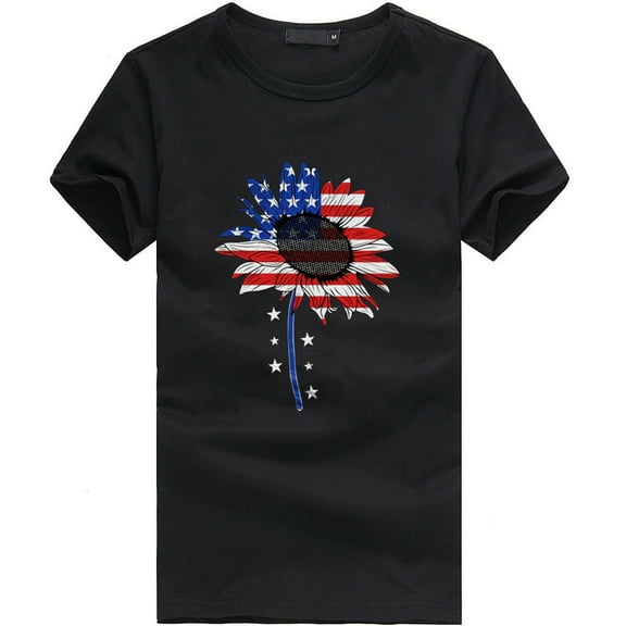 OAVQHLG3B 4th of July Outfits for Women American Flag T Shirt O-Neck Patriotic Shirts Print Short Sleeve Top T-Shirt Blouse