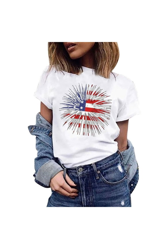 4th of July Outfits for Women American Flag T Shirt O-Neck Patriotic Shirts Print Short Sleeve Top T-Shirt Blouse