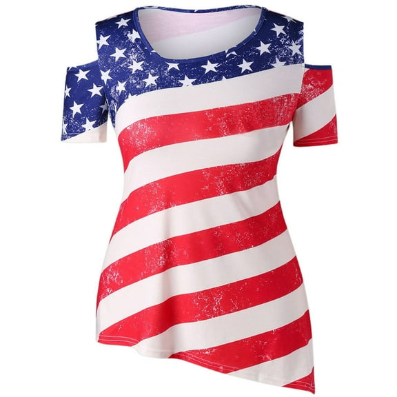 OAVQHLG3B 4th of July Outfits for Women American Flag T Shirt O-Neck Short Sleeve Patriotic Shirts Strap Cold Shoulder T-Shirt Tops