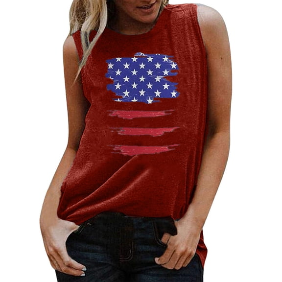 OAVQHLG3B 4th of July Outfits for Women American Flag T Shirt O-Neck Sleeveless Patriotic Shirts Flag Print Tank Tops Shirts