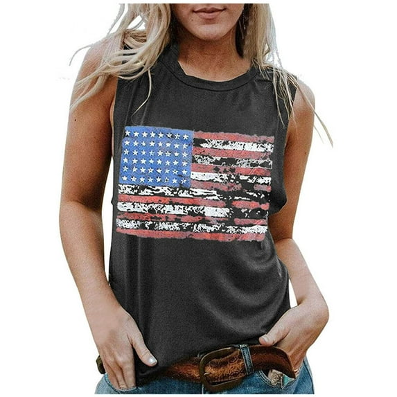 OAVQHLG3B 4th of July Outfits for Women American Flag T Shirt O-Neck Sleeveless Patriotic Shirts Flag Print Tank Tops Shirts