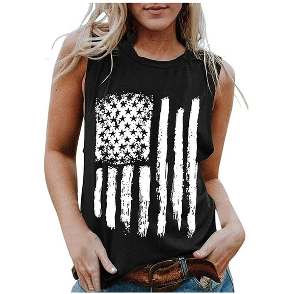 OAVQHLG3B 4th of July Outfits for Women American Flag T Shirt O-Neck Sleeveless Patriotic Shirts Flag Print Tank Tops Shirts