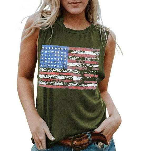 OAVQHLG3B 4th of July Outfits for Women American Flag T Shirt O-Neck Sleeveless Patriotic Shirts Flag Print Tank Tops Shirts