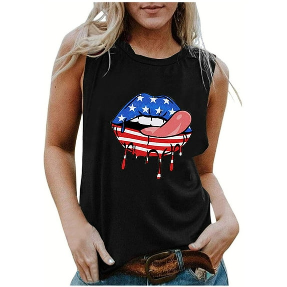 OAVQHLG3B 4th of July Outfits for Women American Flag T Shirt O-Neck Sleeveless Patriotic Shirts Flag Print Tank Tops Shirts